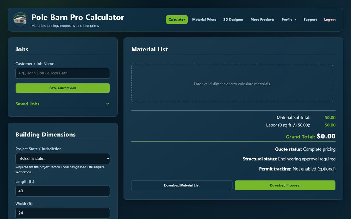 Pole Barn Pro calculator showing building inputs and a project-specific material takeoff