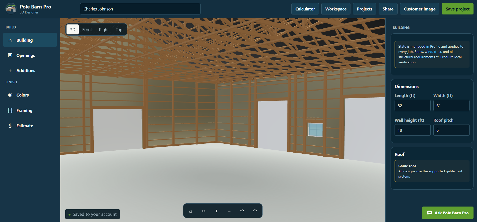 Pole Barn Pro designer estimate connected to the 3D building