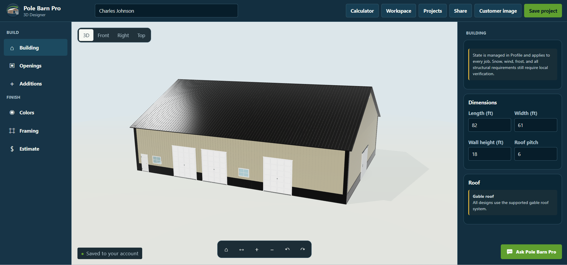 Pole Barn Pro 3D designer showing a configured post-frame building