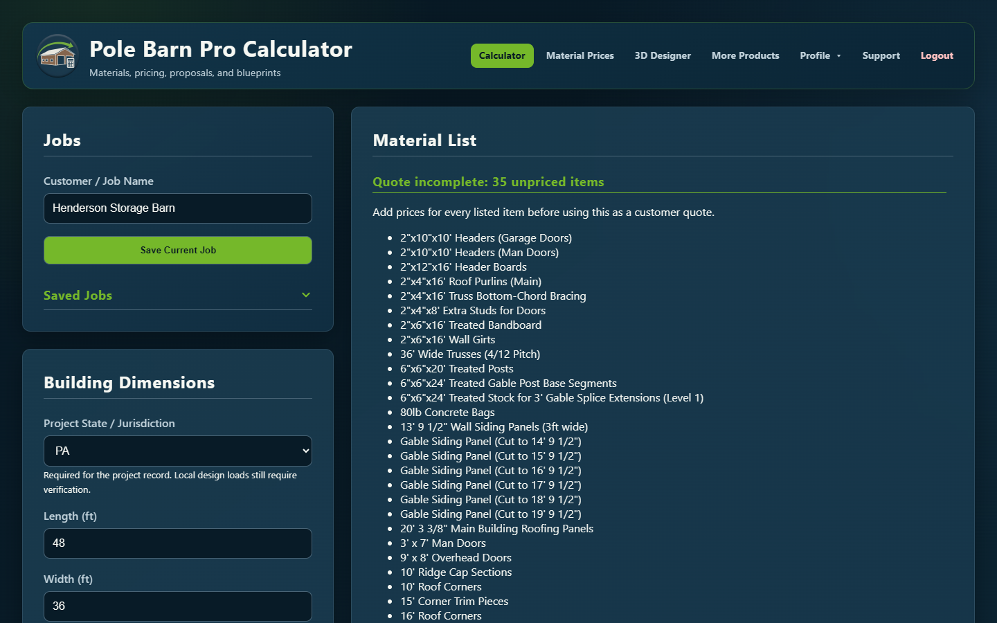 Pole Barn Pro itemized material estimate and quantities